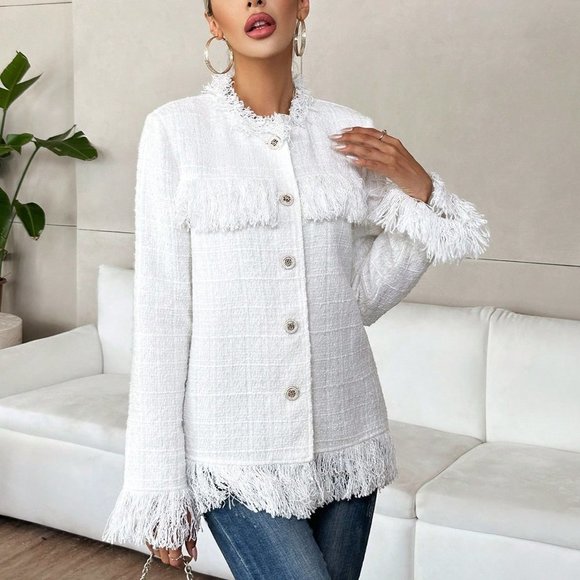 White Casual Womens Raw Trimmed Flap Detail Tweed Overcoat - Picture 6 of 6